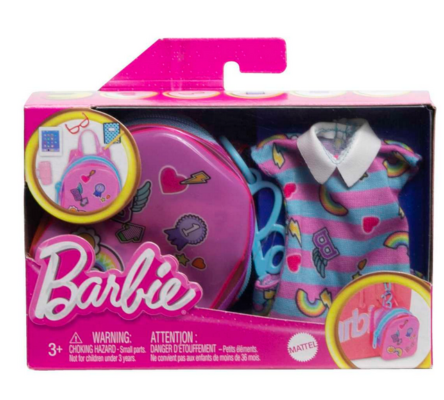 Barbie Fashions Backpack with pink bag, scissors, and striped blue and pink dress for Barbie dolls ages 3 and up.