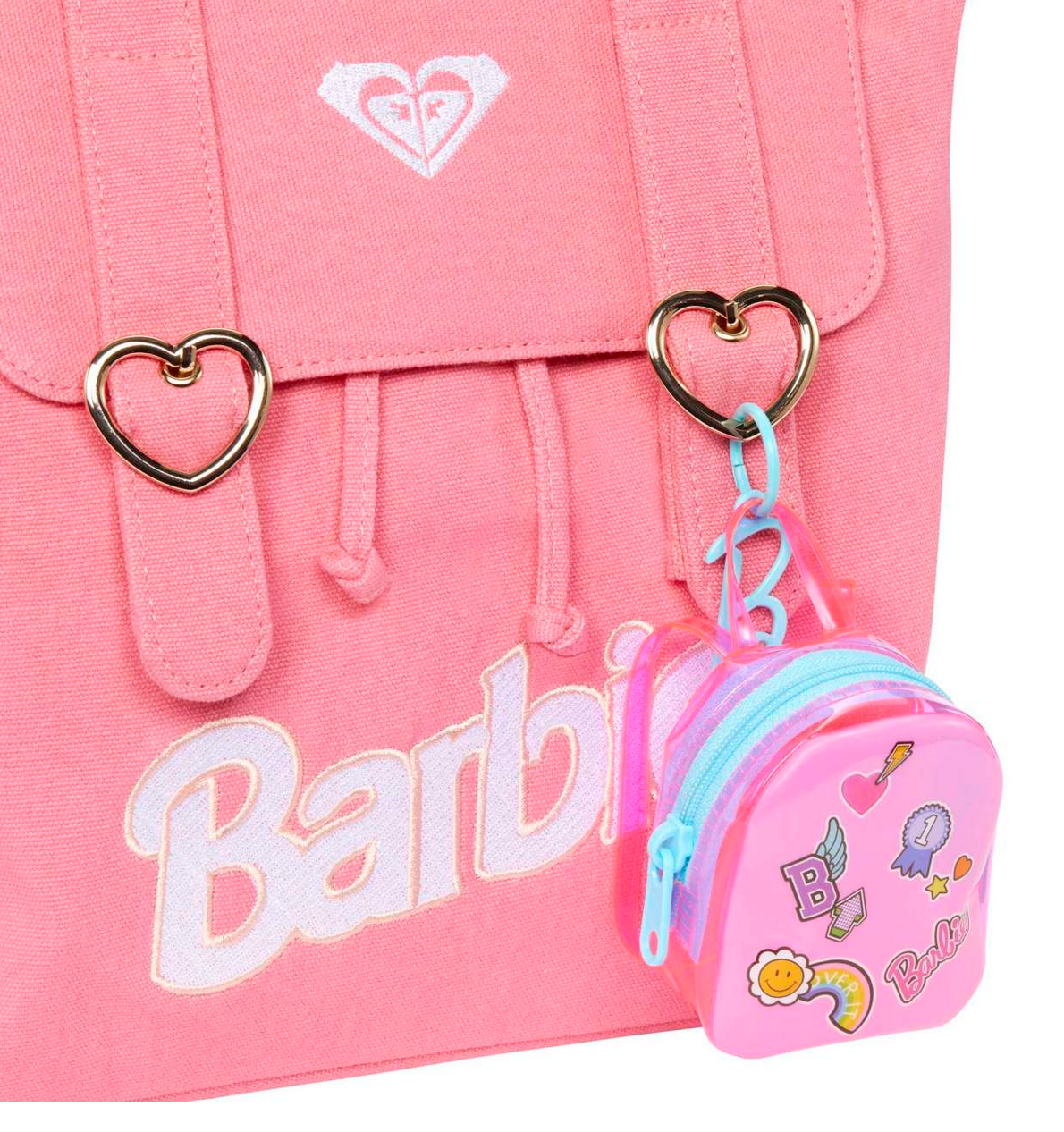 Pink Barbie Fashions Backpack with heart-shaped buckles and a small decorative accessory bag attached.