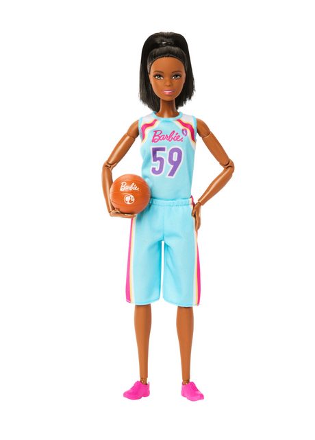 Barbie Made to Move Basketball doll in blue uniform holding basketball, designed with 22 flexible joints for action poses.