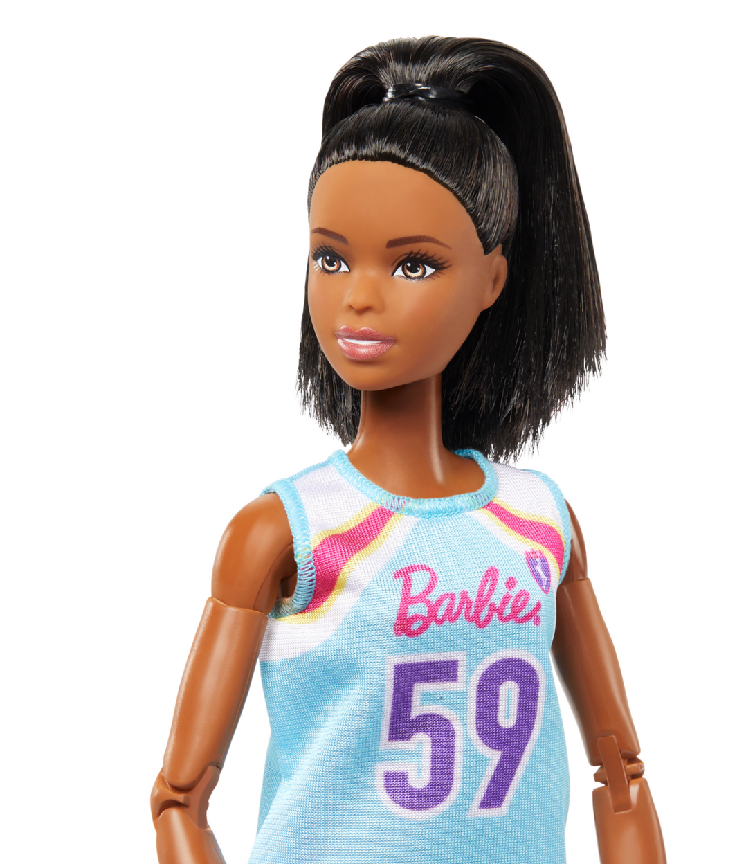 Barbie Made to Move Basketball doll wearing blue team uniform with number 59 and flexible joints for sports play.