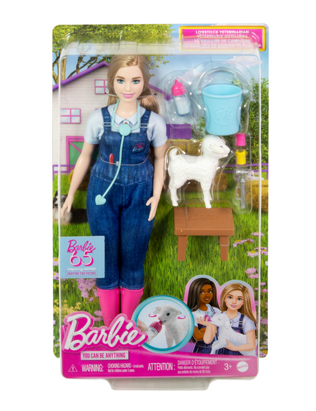 Barbie Livestock Veterinarian doll with pink boots, lamb, stethoscope, and veterinary accessories in farm-themed packaging.