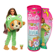 Barbie Cutie Reveal Dog Frog doll in green frog costume with colorful hair and mini pet next to packaging tube.