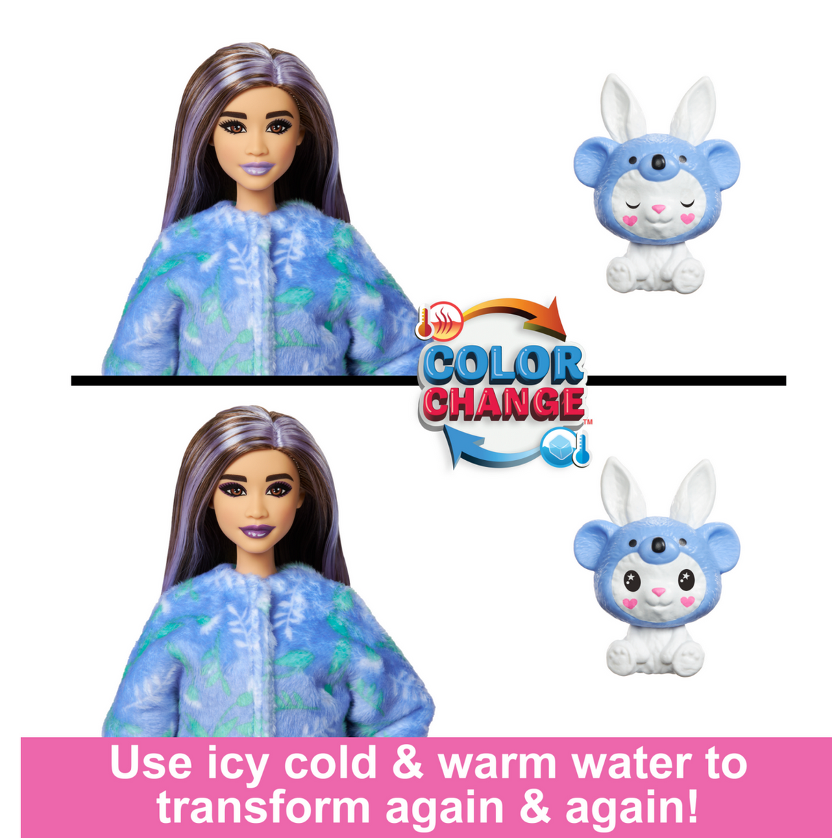 Barbie Cutie Reveal Bunny/Koala doll and mini pet showing color change with icy cold and warm water.