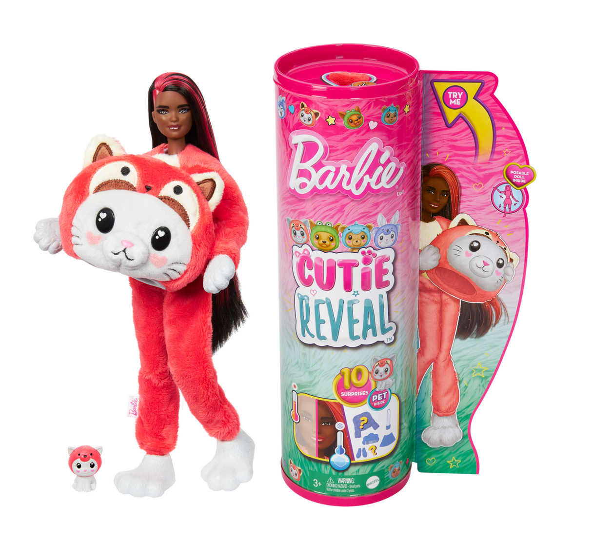 Barbie Cutie Reveal Kitty/Red Panda doll in red panda costume with mini pet and packaging showing 10 surprises.