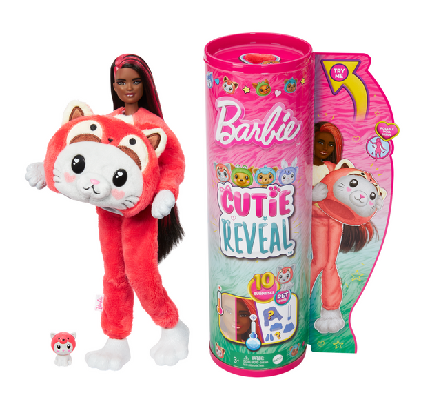 Barbie Cutie Reveal Kitty/Red Panda doll in red panda costume with mini pet and packaging showing 10 surprises.