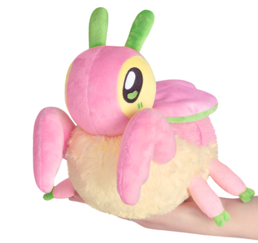 Orchid Mantis Mini plush toy in pink and yellow with green accents, soft polyester fiber, held in hand.
