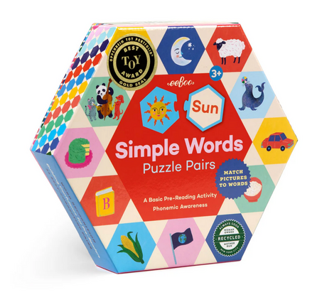Simple Words Puzzle Pairs hexagon box featuring colorful illustrations for pre-reading skill building age 3+