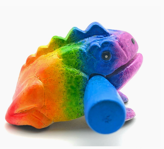 Wooden Croaking Frog | 1.5in Rainbow percussion toy with vibrant colors and included blue striker for musical ribbit sounds.