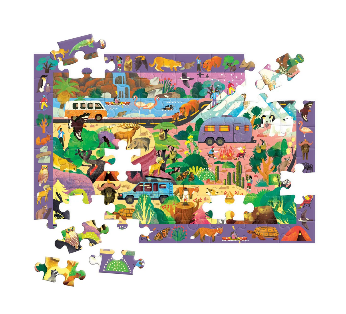 64pc Great Outdoors Search & Find Puzzle with outdoor animals and plants, partially assembled colorful adventure scene.