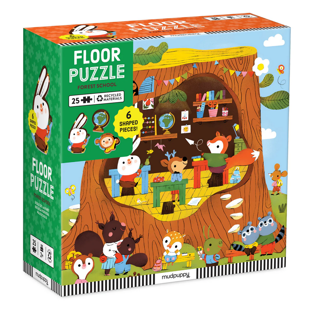 25pc Forest School Floor Puzzle with colorful forest animals and 6 special shaped oversized pieces for ages 2 and up.
