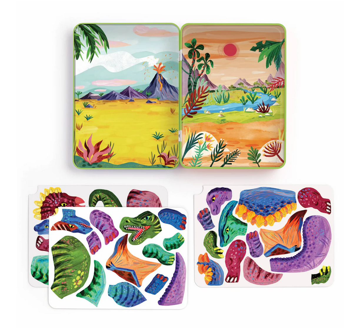 Magnetic Build It | Dino Mix Up with colorful dinosaur magnets and two vibrant background scenes in a sturdy tin.
