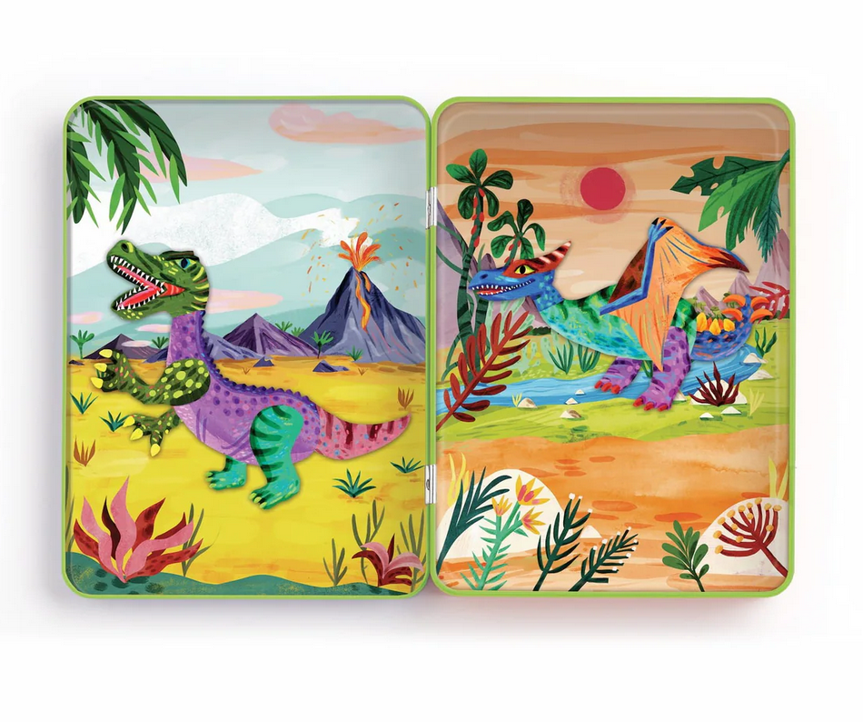 Magnetic Build It | Dino Mix Up with colorful dinosaur magnets and two illustrated scenes in a portable tin case.