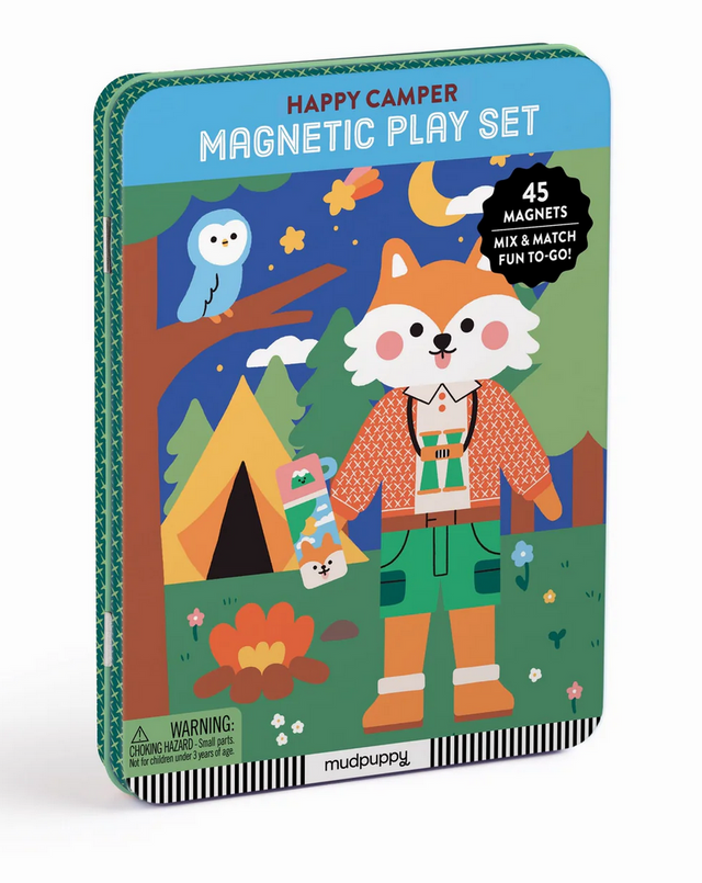 Magnetic Happy Camper Set featuring 45 mix and match magnets in a sturdy tin for portable imaginative play.