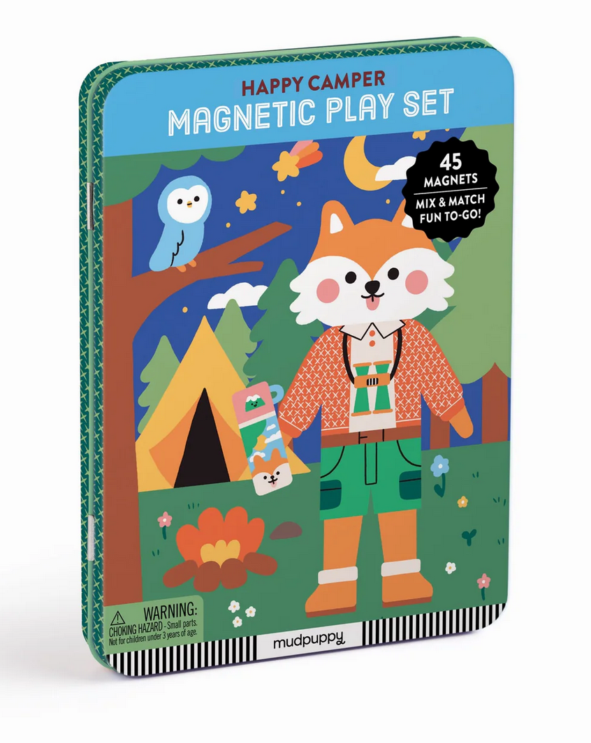 Magnetic Happy Camper Set featuring 45 mix and match magnets in a sturdy tin for portable imaginative play.