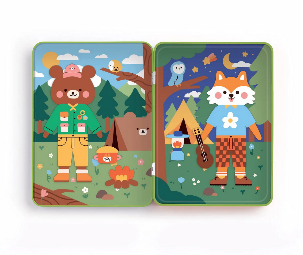 Magnetic Happy Camper Set with colorful wildlife campers and mix-and-match magnets on two scenic backgrounds.