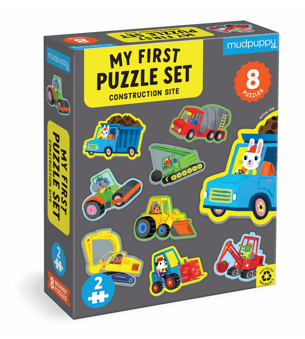 2pc Construction Site First Puzzle featuring colorful construction vehicles for toddlers ages 2 to 4 in 2-piece sets