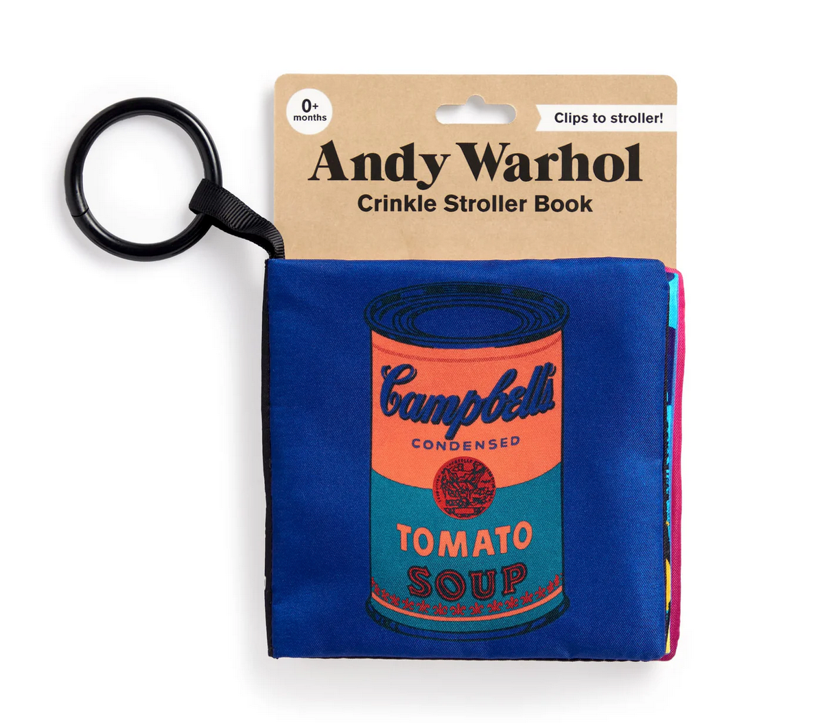 Andy Warhol Crinkle Stroller Book featuring soft fabric pages with iconic artwork and stroller clip for baby play.