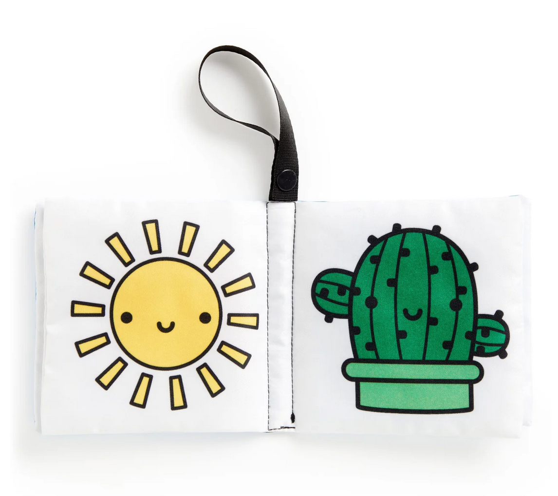 Rainbow World Crinkle Stroller Book with colorful, crinkly pages featuring sun and cactus for baby sensory play.