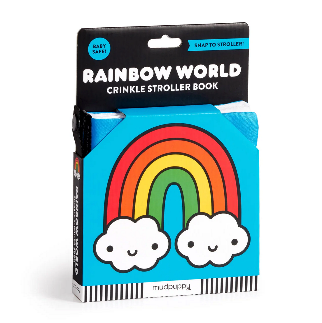 Rainbow World Crinkle Stroller Book with bright rainbow and clouds, soft fabric pages for baby stroller attachment.