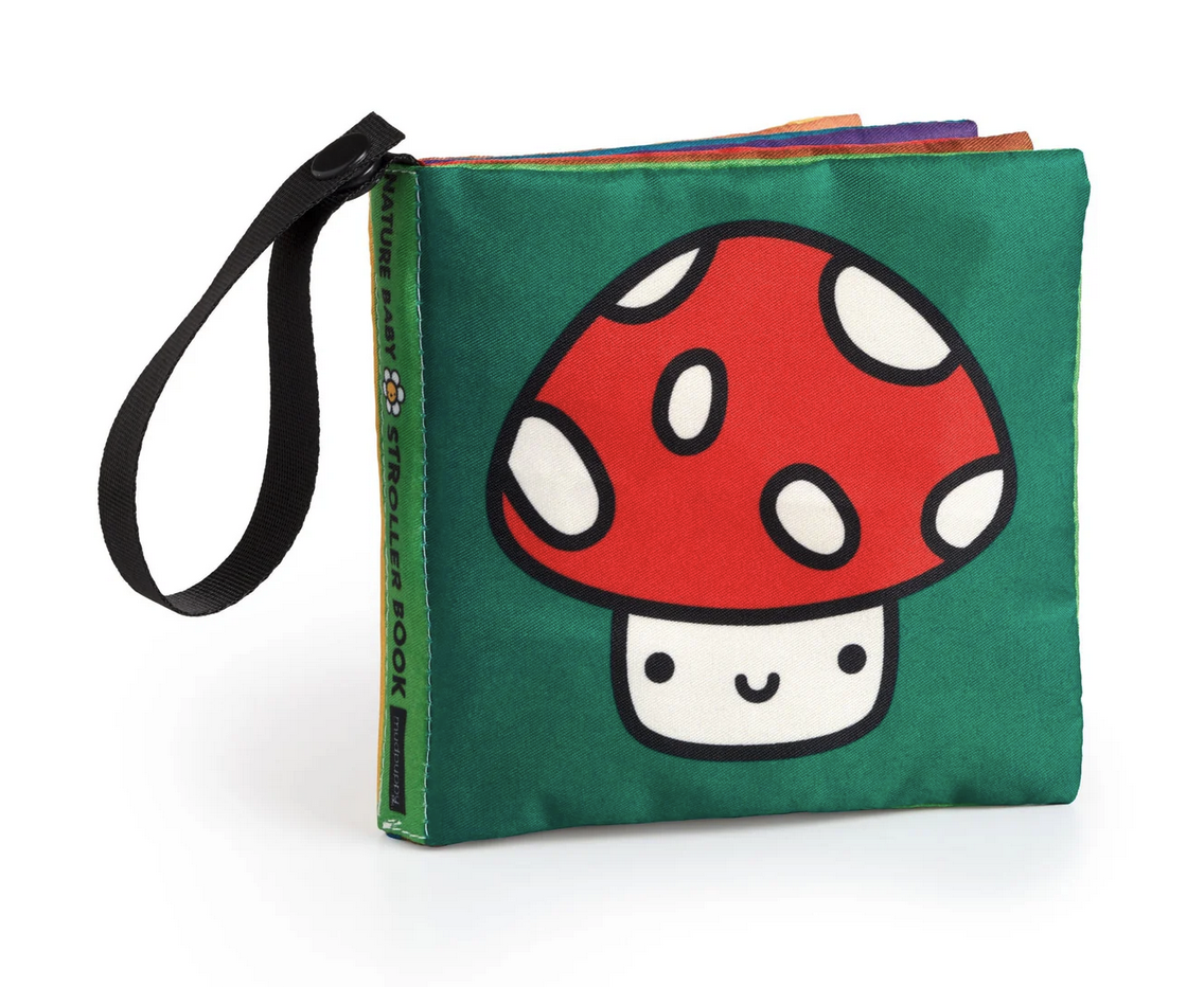 Nature Baby Crinkle Stroller Book with colorful mushroom design and soft fabric for early learning and on-the-go play.