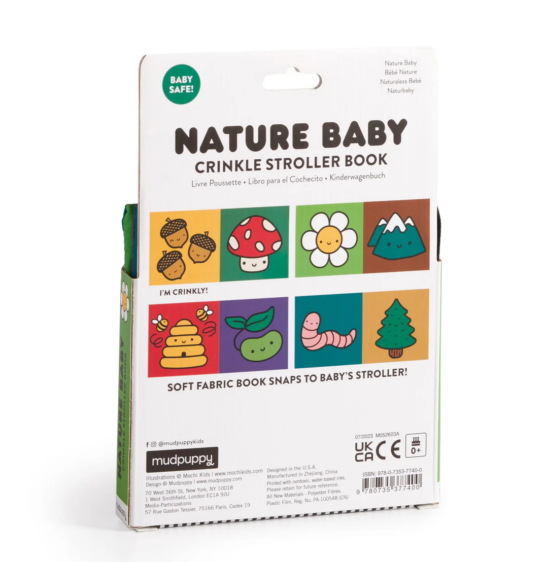 Nature Baby Crinkle Stroller Book with colorful crinkly fabric pages that attach to baby’s stroller for sensory play and early learning.