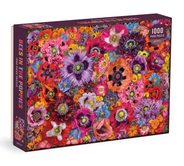 1000pc Bees in the Poppies Puzzle box featuring colorful poppies and bees, perfect for a vibrant 1000 piece challenge.