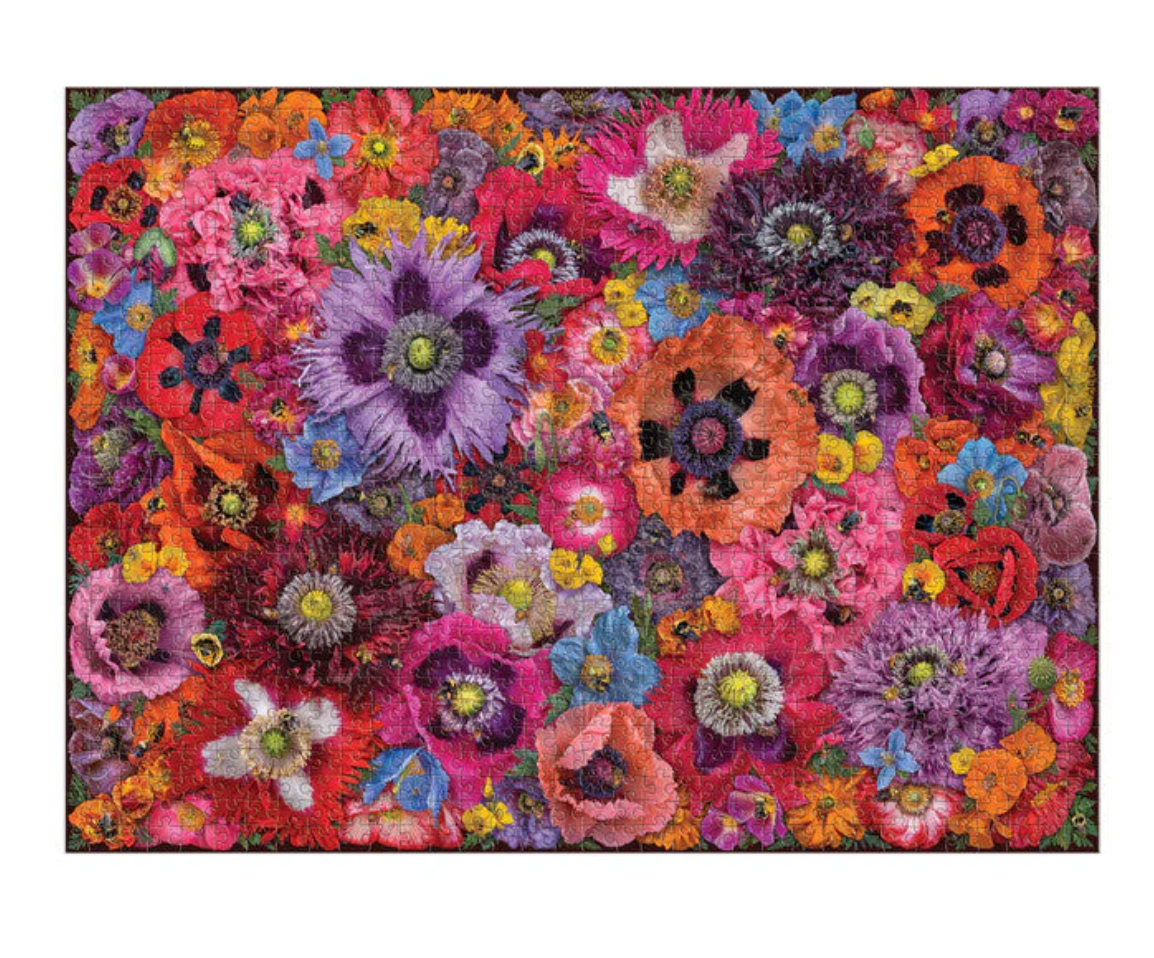 1000pc Bees in the Poppies Puzzle featuring colorful poppies and hidden bees in a vibrant collage design.
