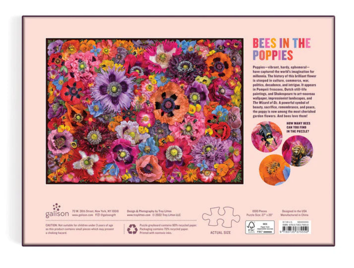 1000pc Bees in the Poppies Puzzle featuring colorful poppies and hidden bees in a vibrant 1000-piece collage design.