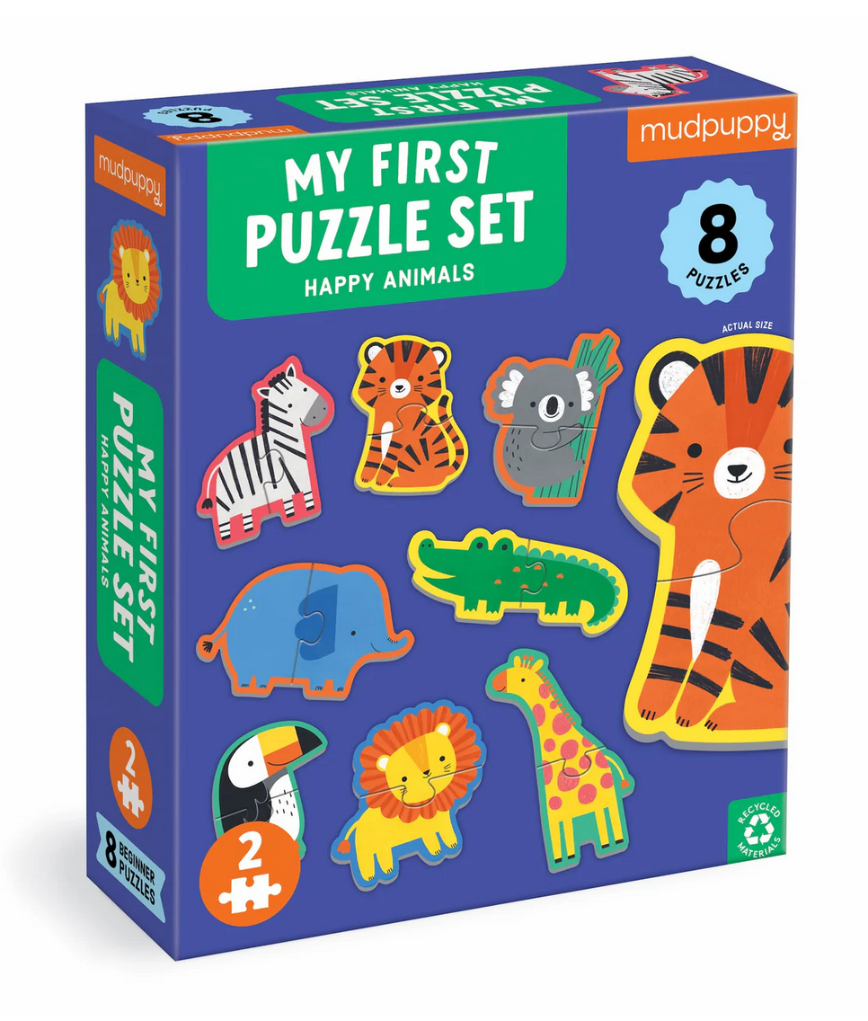 2pc Happy Animals First Puzzle featuring colorful animal characters like tiger, lion, zebra, elephant, and giraffe for toddlers.