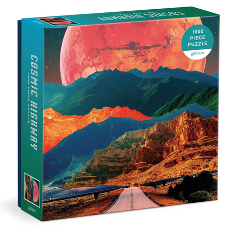 1000pc Cosmic Highway Puzzle box featuring surreal mountain landscape with large red planet in sky and open road below.