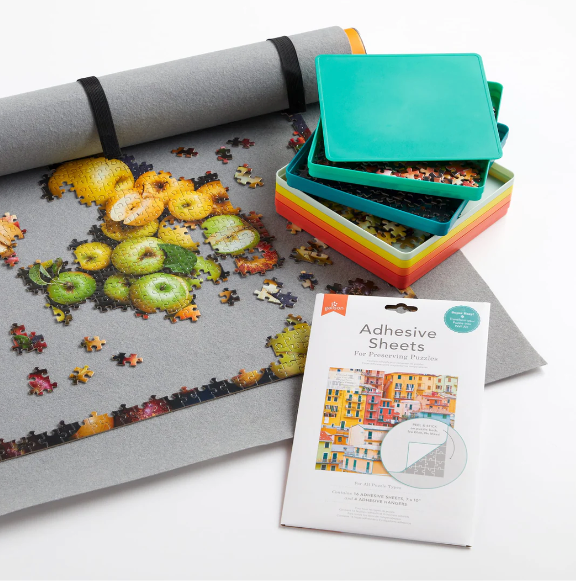 Puzzle Mat featuring a non-slip felt mat with puzzle pieces and storage trays for preserving puzzles in progress.