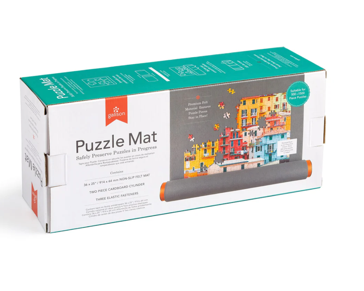 Puzzle Mat with non-slip felt, elastic straps, and cardboard cylinder to preserve 500-1500 piece puzzles safely in progress.