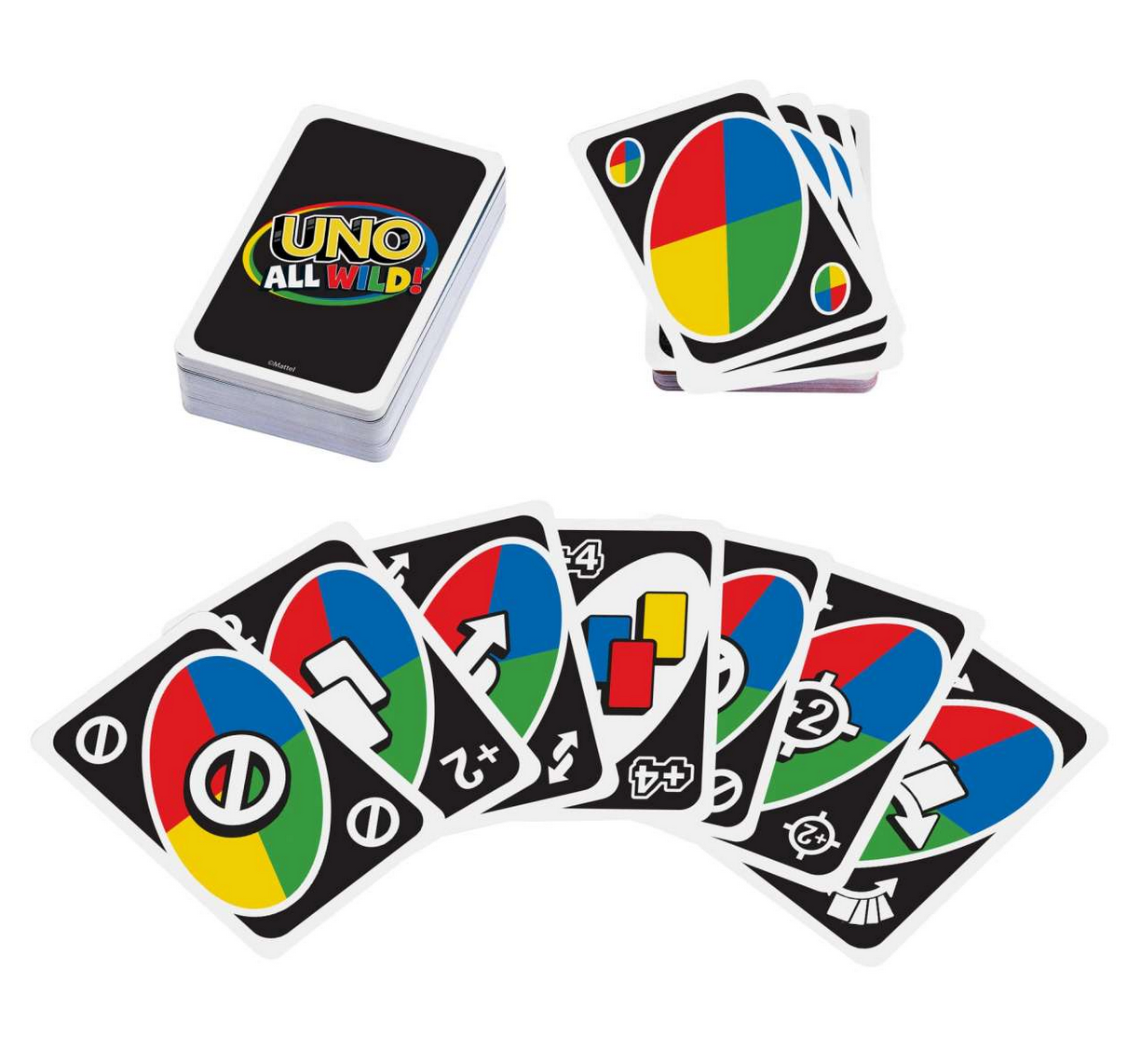 UNO All Wild card game showing a deck and select cards featuring colorful all-wild designs and special action cards.