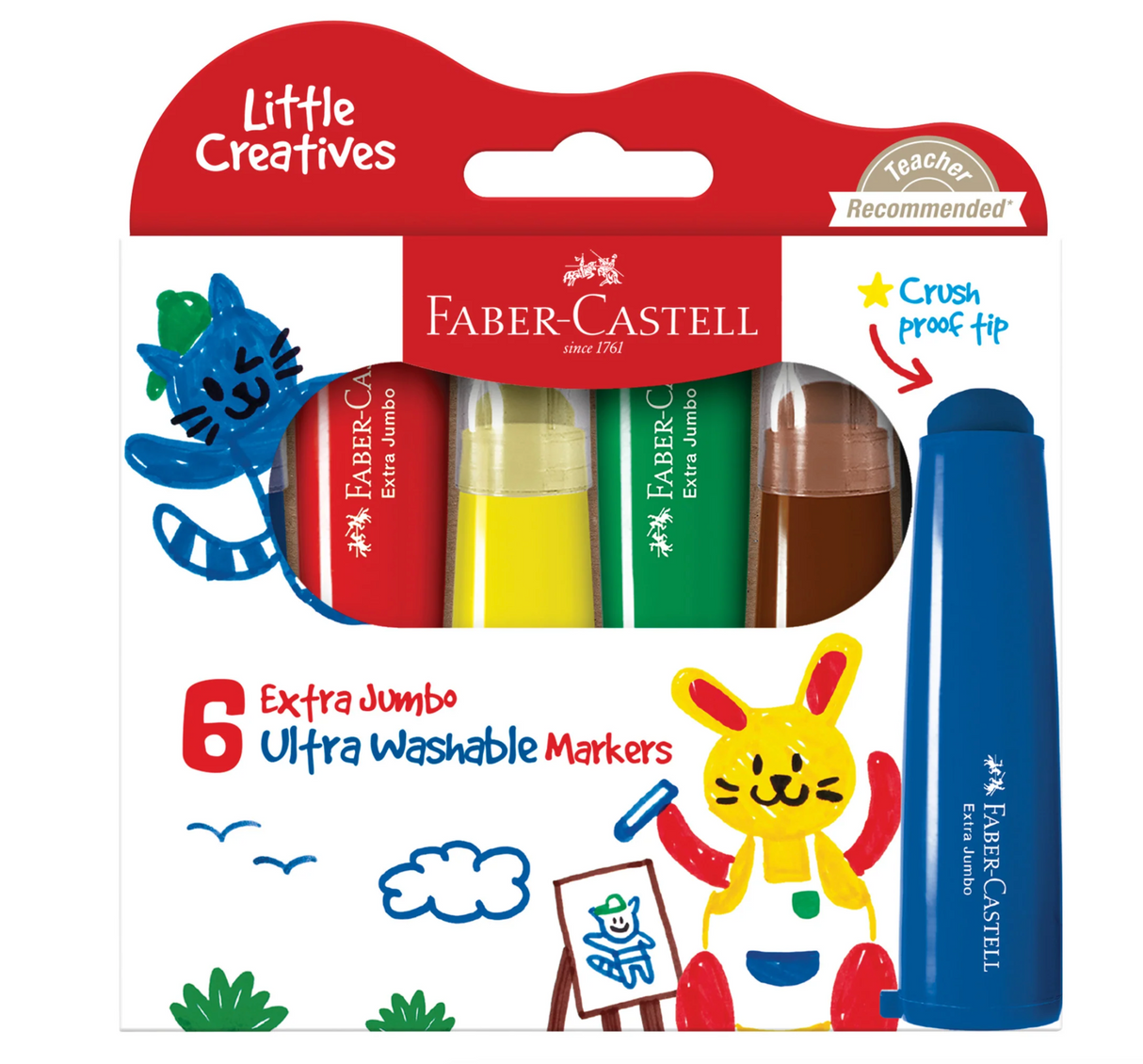 Little Creatives Ultra Washable Markers pack of 6 extra jumbo, crush-proof tips, vibrant colors, and ergonomic design for kids.