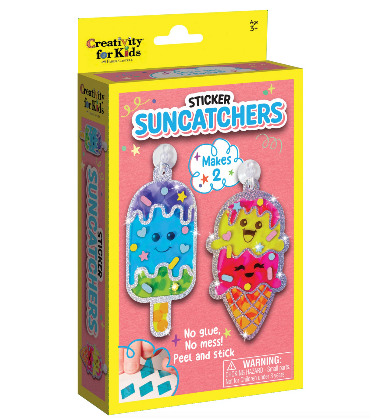 Sticker Suncatchers ice cream peel and stick craft kit for kids ages 3 and up, no glue, no mess, makes 2 colorful suncatchers.