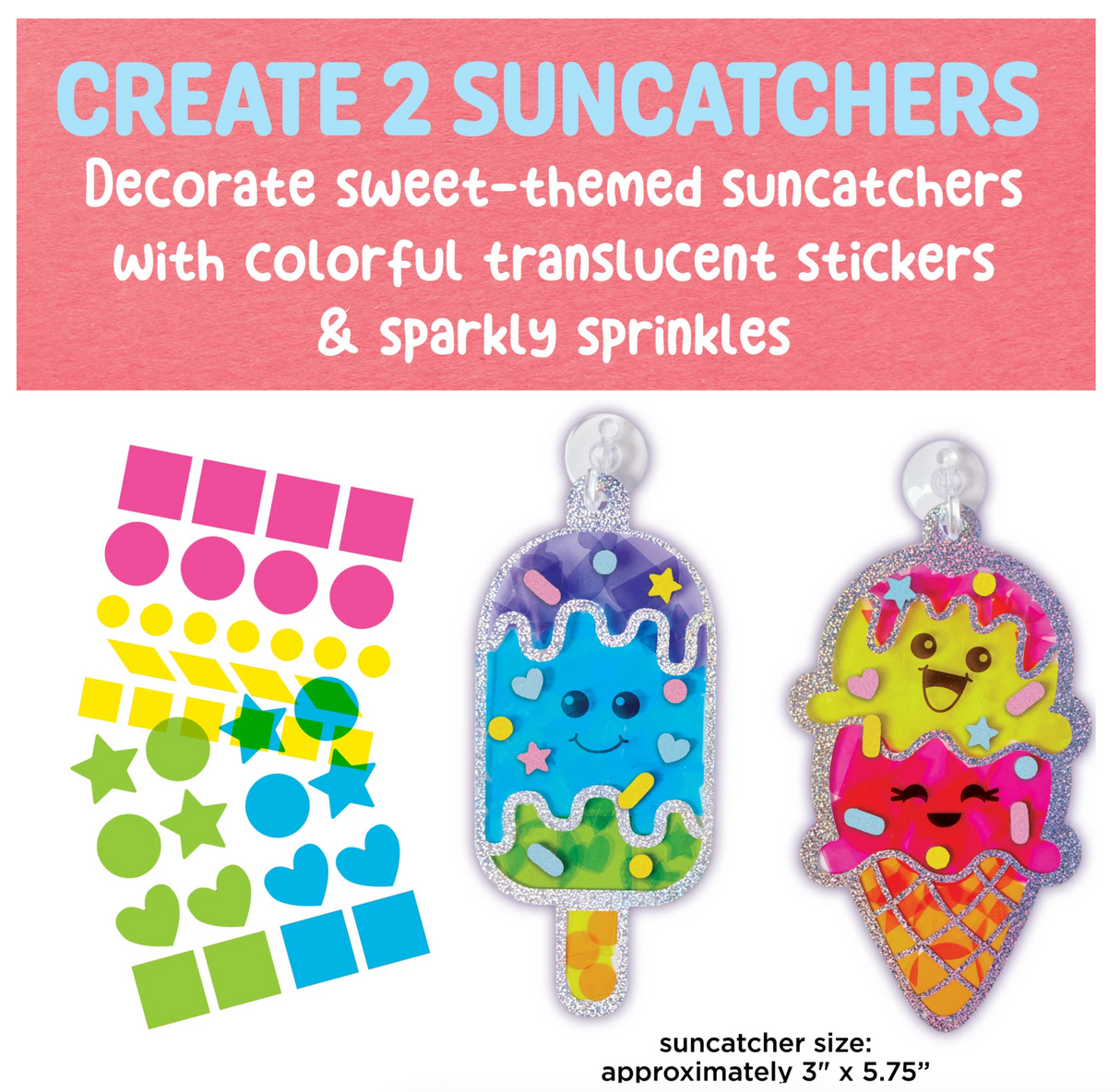 Sticker Suncatchers showing colorful ice cream designs decorated with translucent stickers and sparkly sprinkles for kids.