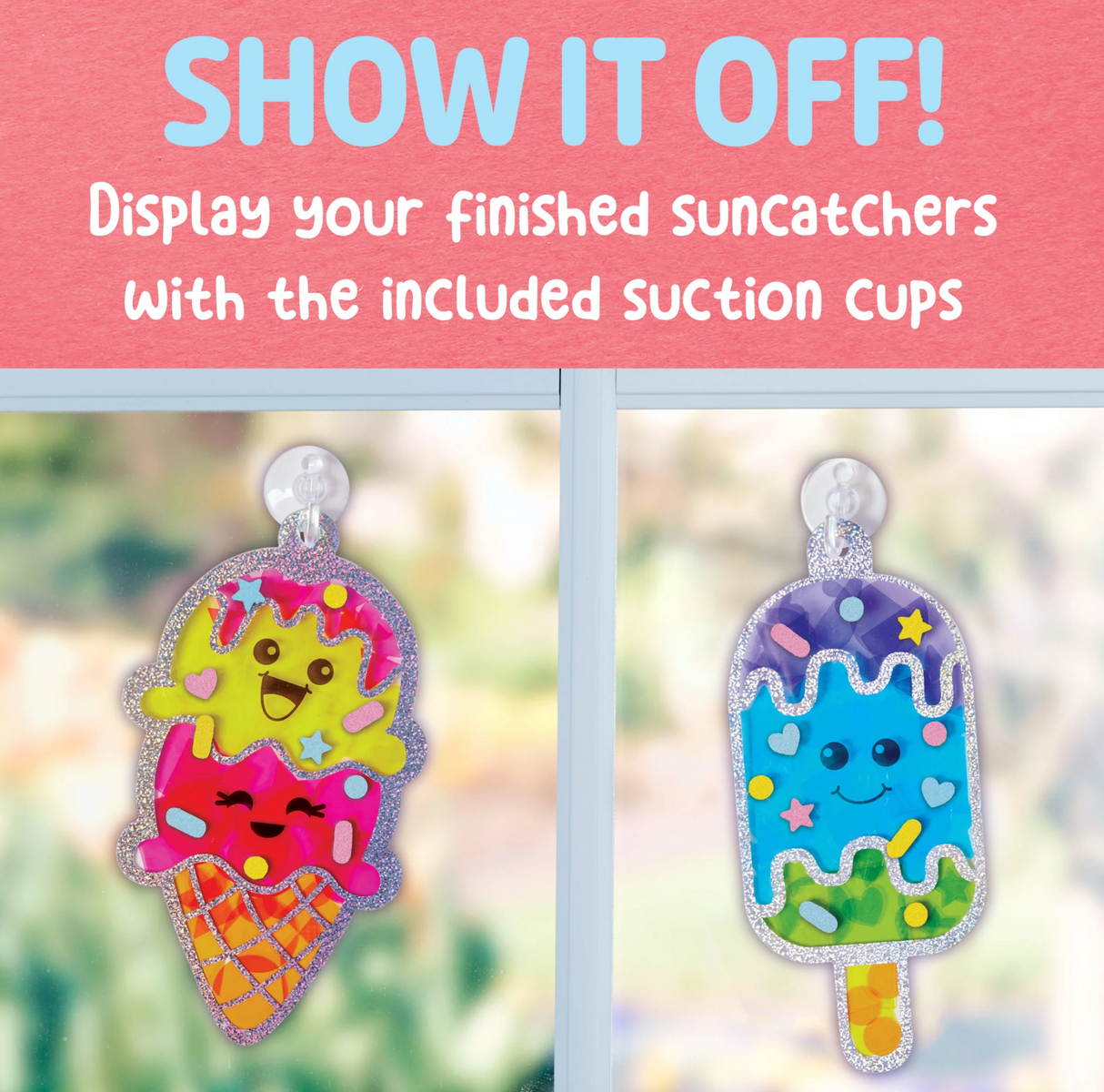 Sticker Suncatchers ice cream designs attached to window using included suction cups for display.
