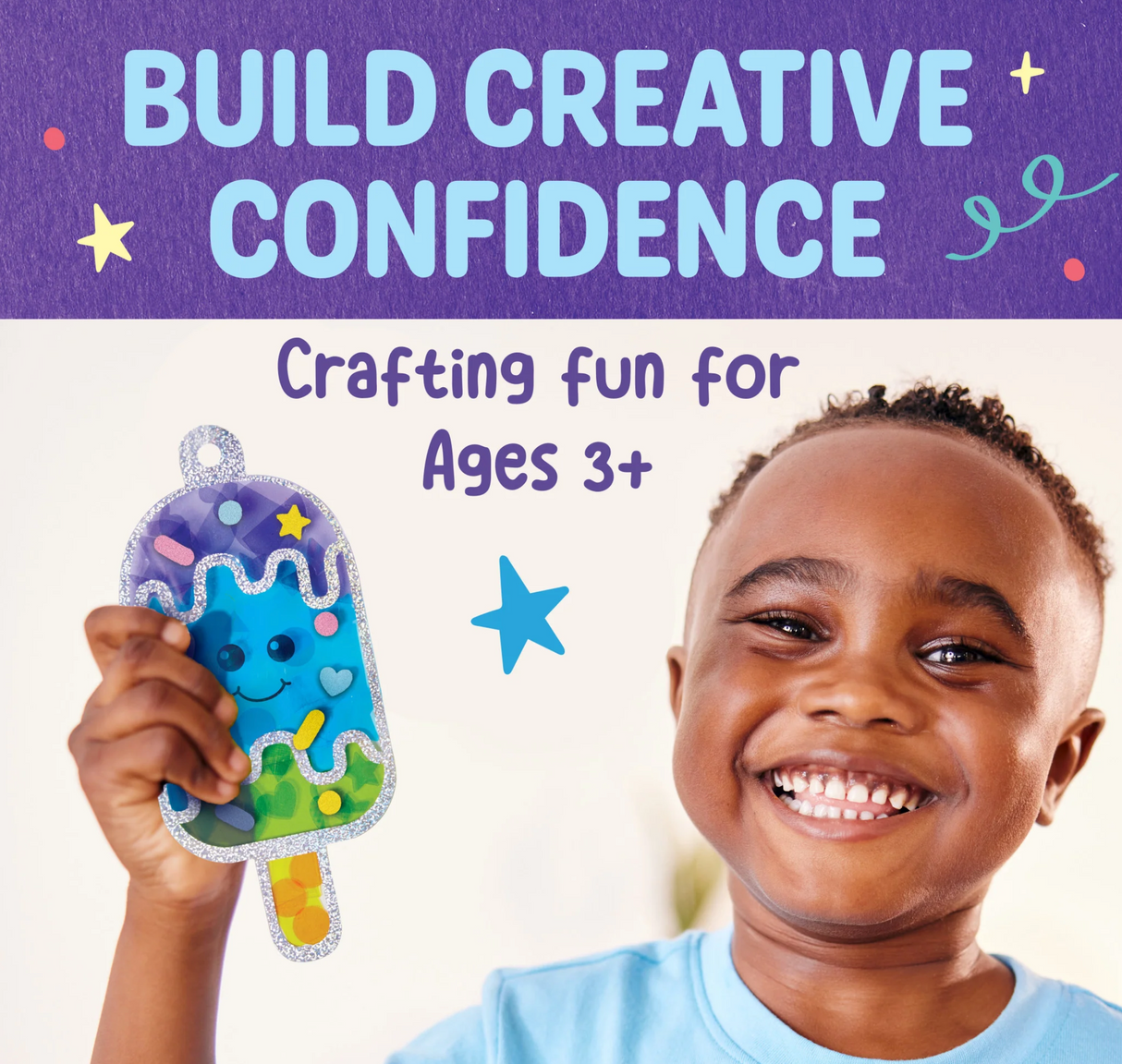 Sticker Suncatchers showing a smiling child holding a colorful ice cream themed suncatcher craft for ages 3 and up.