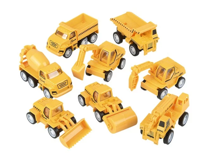 Mini Construction Vehicle set featuring 2.5" die-cast pull back construction vehicles with interactive parts.