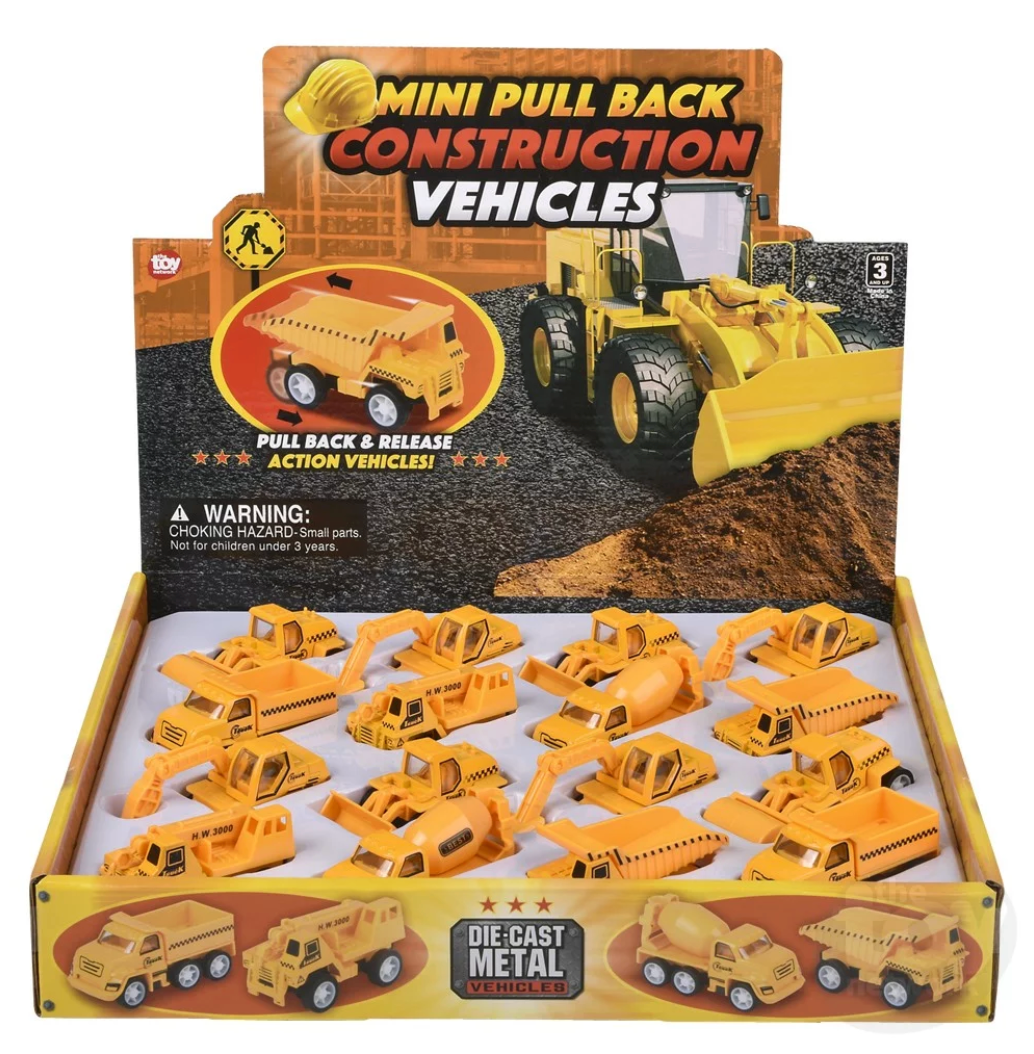 Mini Construction Vehicle 2.5" die-cast pull back toy with interactive parts, assorted styles, perfect for kids ages 3 and up.