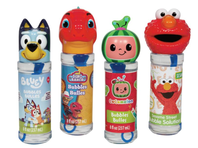 Licensed Character Bubbles featuring Bluey, Dino Blitz, Cocomelon, and Elmo bubble containers with wands.