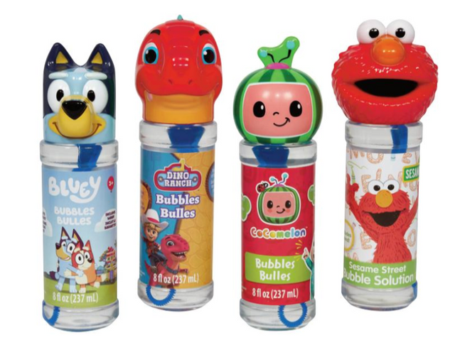 Licensed Character Bubbles featuring Bluey, Dino Blitz, Cocomelon, and Elmo bubble containers with wands.