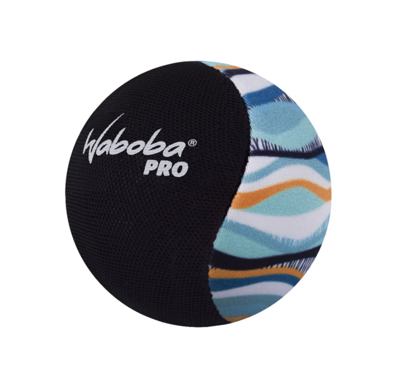 Black and blue patterned textured ball with logo, the Waboba Pro designed for sport performance and water bouncing.
