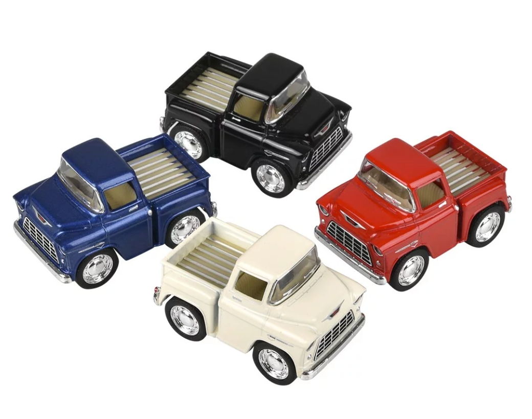Mini Chevy Stepside diecast pull back toy trucks in blue, black, white, and red assorted colors, 2 inch size.