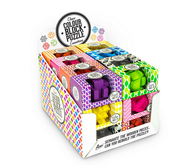 Color Block Puzzle wooden puzzles in bright colors, each boxed separately for brain training and collection.