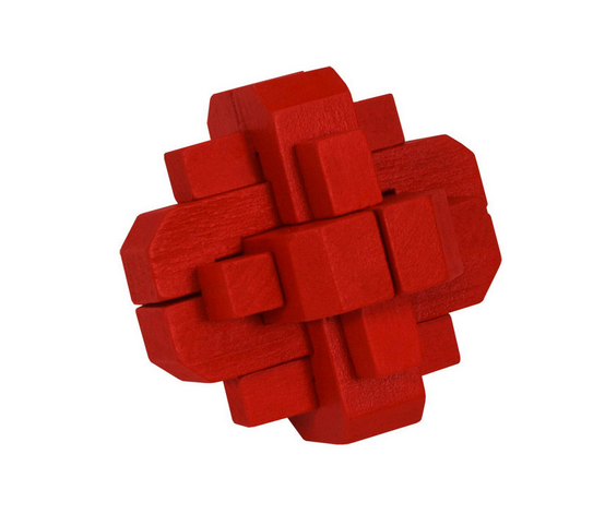 Color Block Puzzle wooden brain teaser in bright red, designed to challenge and entertain all ages 8 and up.
