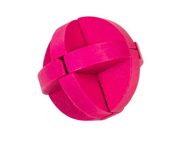 Color Block Puzzle showing a bright pink wooden brain teaser with interlocking pieces to separate and rebuild.
