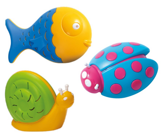 Animal Shape Shaker featuring colorful fish, ladybug, and snail toys with unique sounds for babies 3 months and older