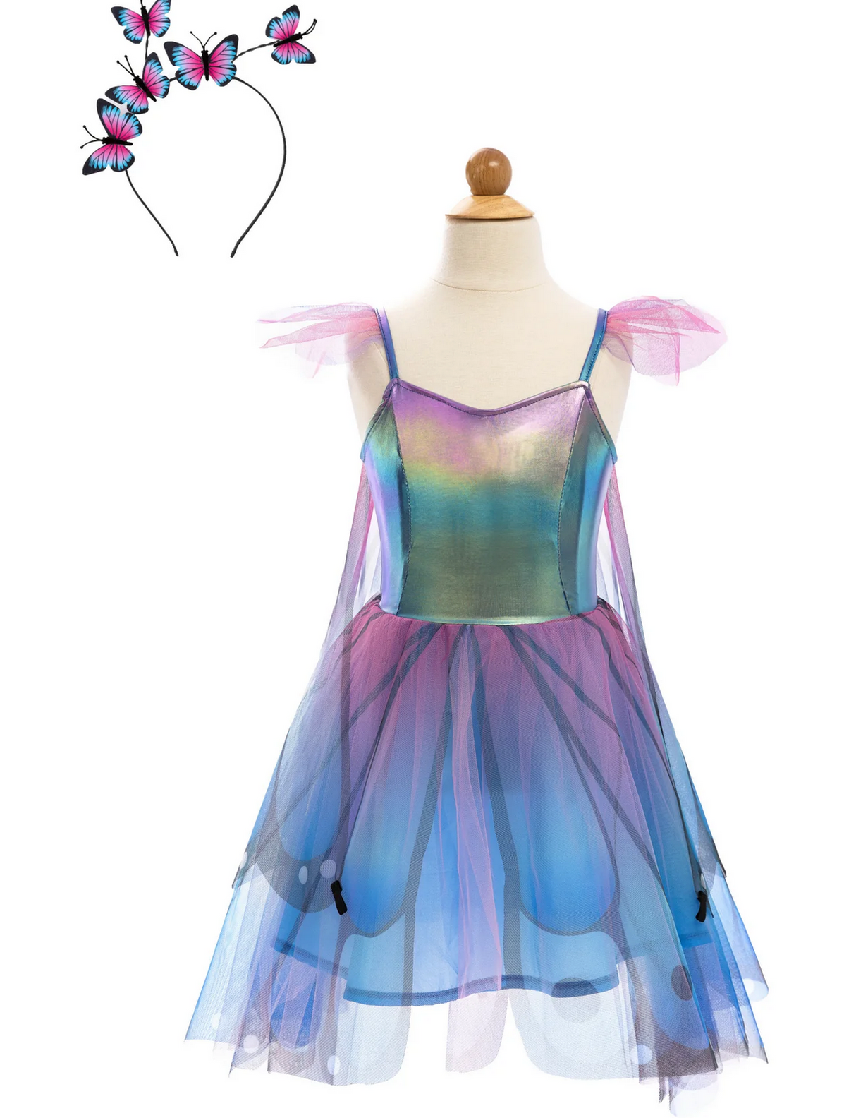 Butterfly Twirl Dress & Wings | Blue Size 3-4 with blue and purple mesh skirt and butterfly headband.