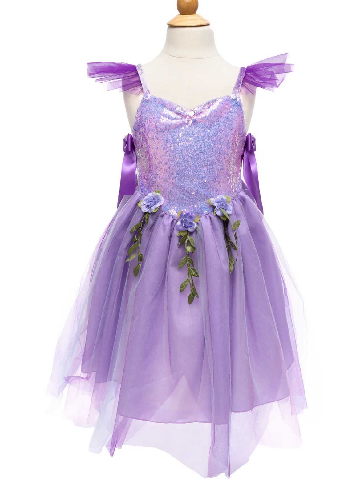 Lilac Sequins Fairy Tunic | Size 5-6 with shimmering sequins, purple ribbons, organza petals, and floral accents on a mannequin.